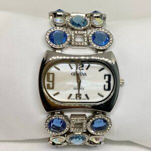 Geneva women watch 40mm quartz silver tone crystals wide band 6.5” running